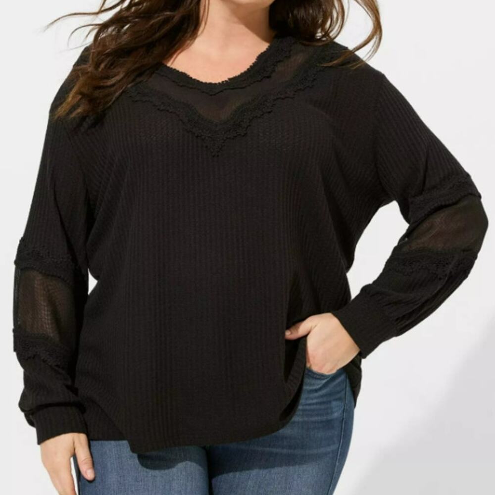 Torrid Womens 4X Sweatshirt Waffle V-Neck Long Sleeve Mesh Inset Black